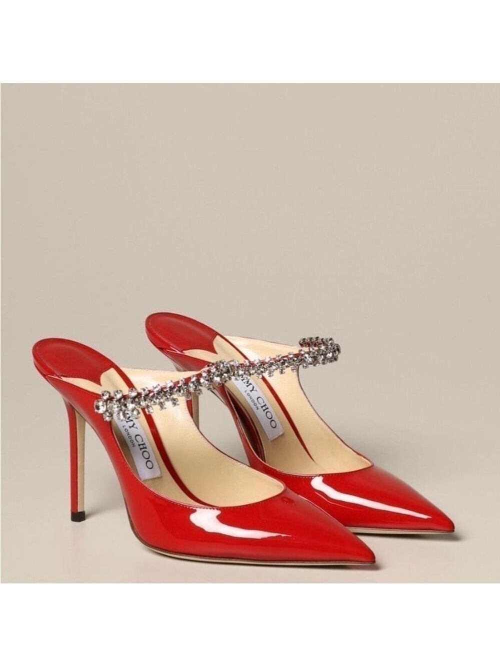 Jimmy Choo Bing 100 Red Patent Leather Heeled Mules with Crystal Strap NWT